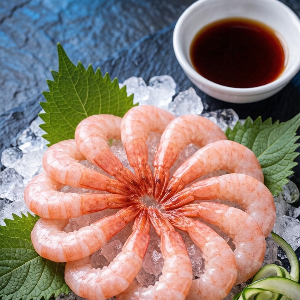 Peeled shrimp fanned over crushed ice with a shiso leaf and a bowl of soy sauce