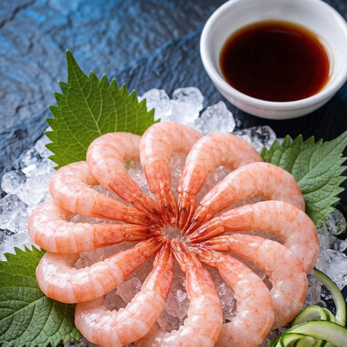 Peeled shrimp fanned over crushed ice with a shiso leaf and a bowl of soy sauce