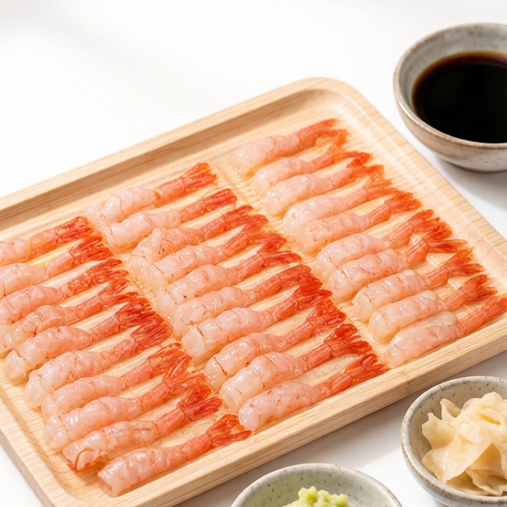 Cooked shrimp arranged in neat rows on a wooden serving tray with soy dip