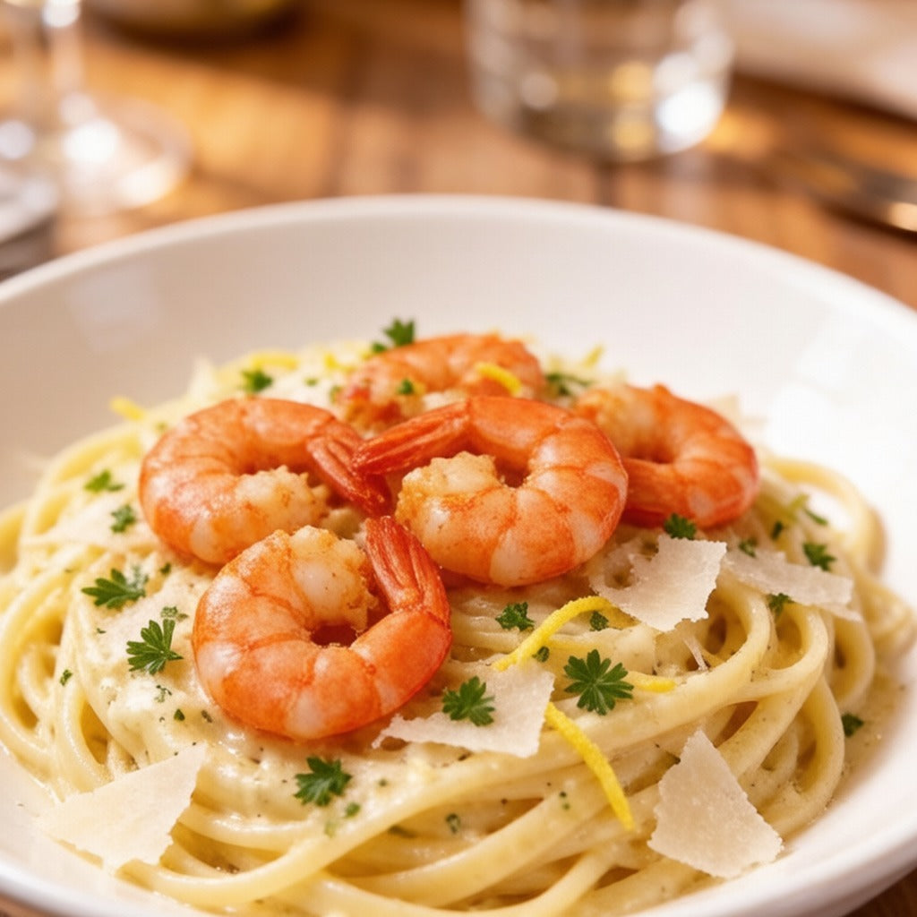 Linguine tossed with shrimp and shaved parmesan