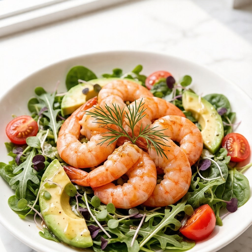 Shrimp salad with avocado, cherry tomatoes and rocket leaves