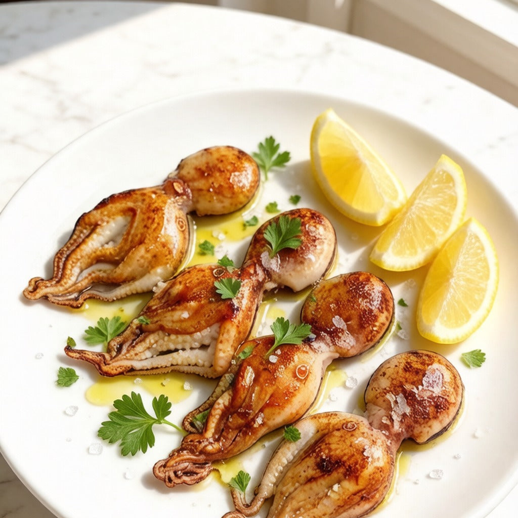Grilled octopus on a white plate with lemon wedges and parsley