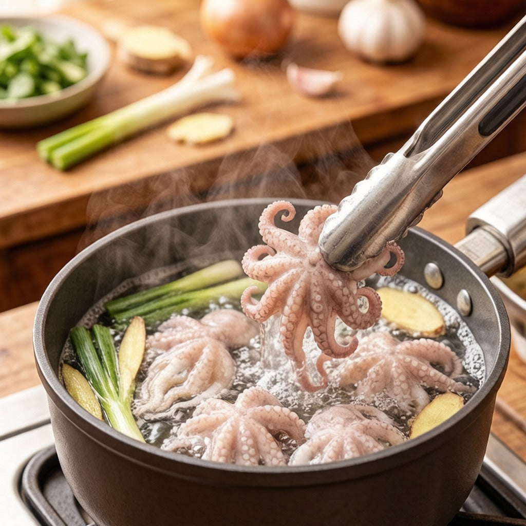 Octopus blanching in a pot of simmering water lifted with tongs