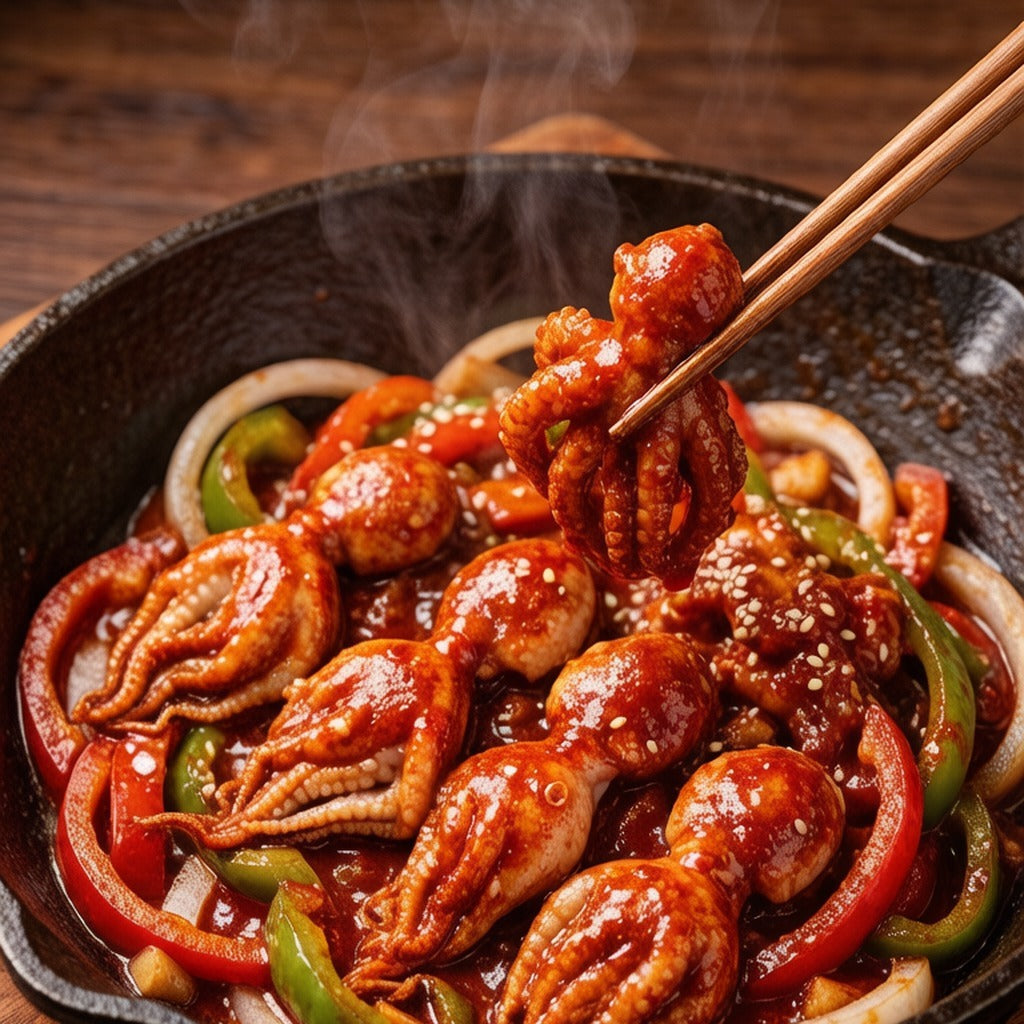 Spicy Korean-style stir-fried octopus with peppers and sesame seeds