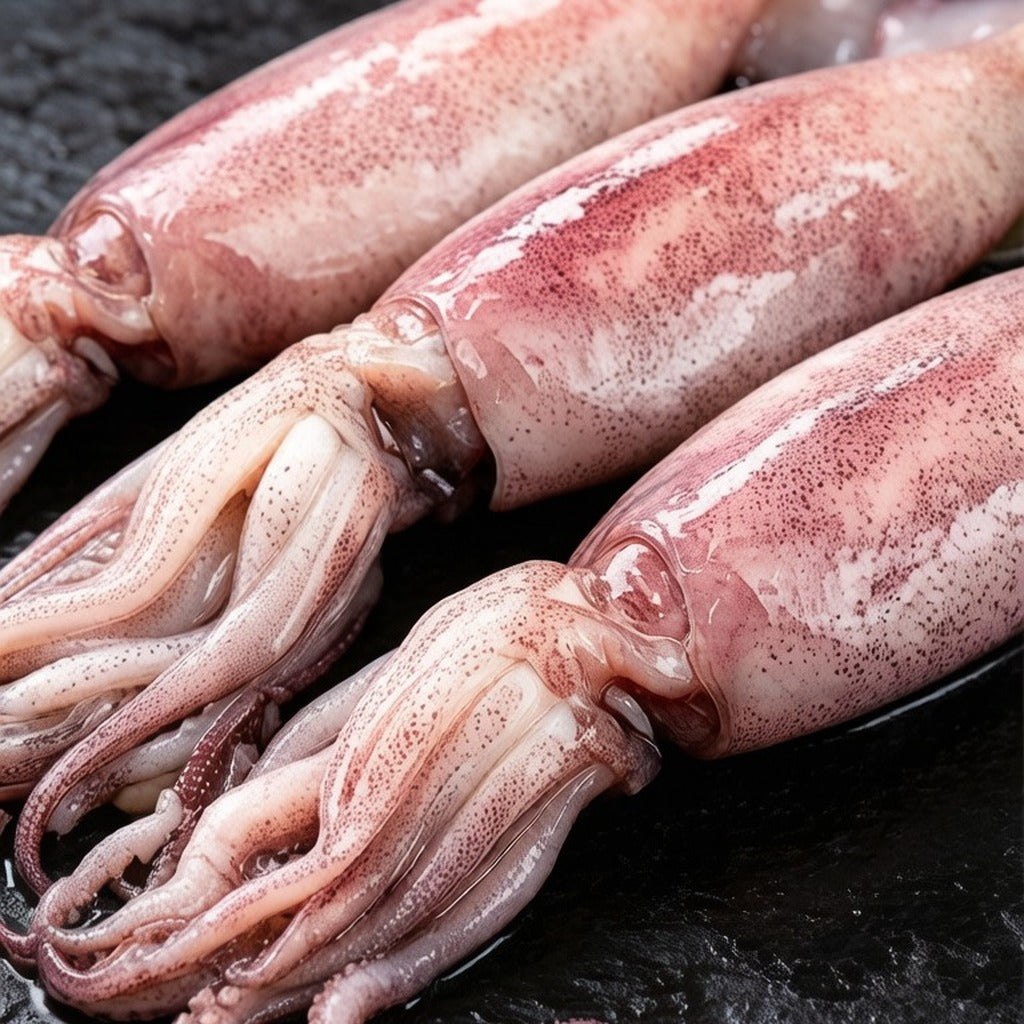 Whole raw squid arranged on crushed ice