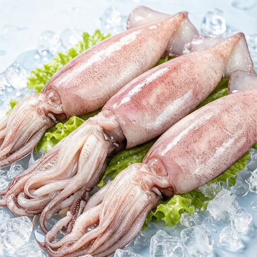 Raw squid with tentacles resting on ice over lettuce