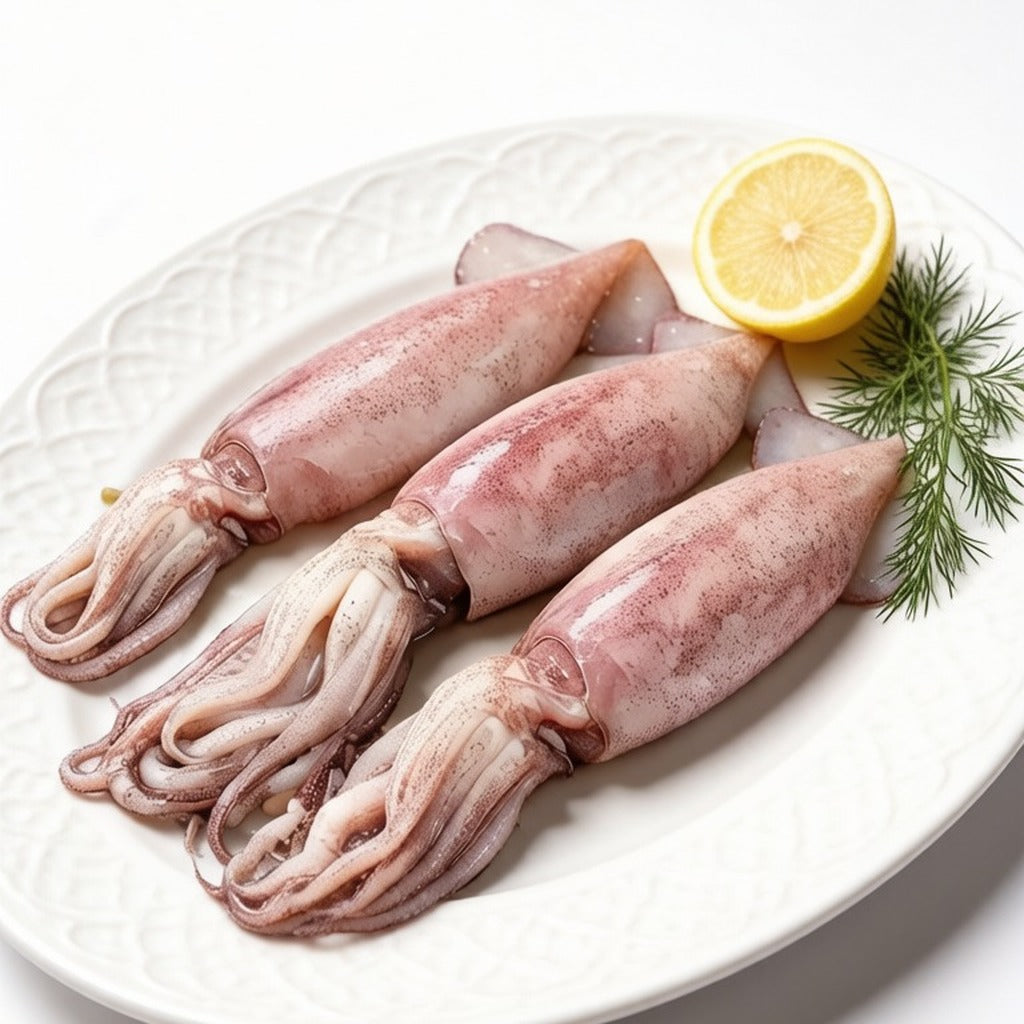 Raw squid on a white platter with lemon and dill
