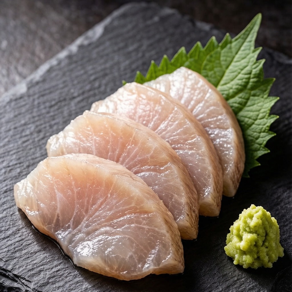 Thin slices of abalone sashimi with wasabi on a slate board