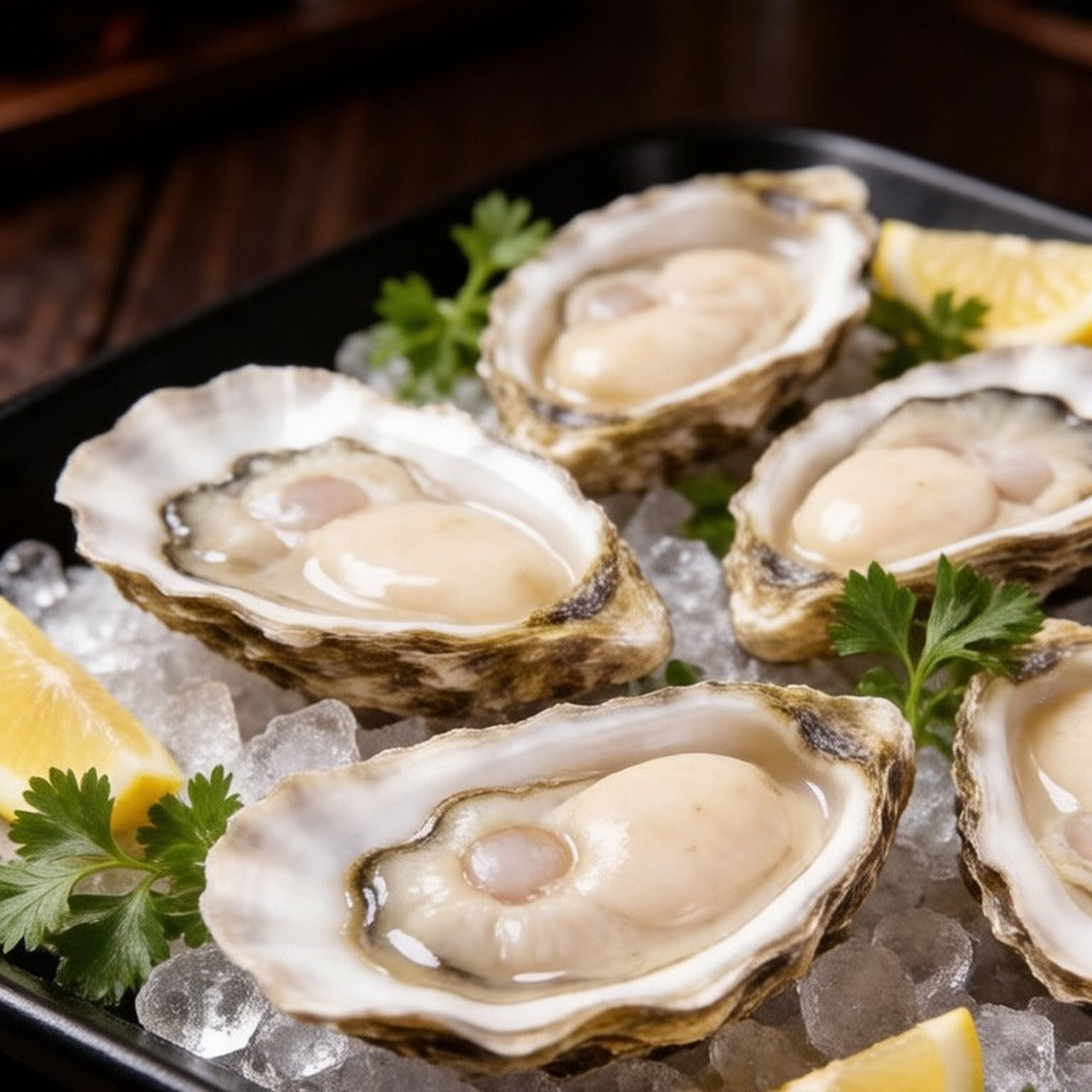 Half-shell oysters on crushed ice with lemon and parsley