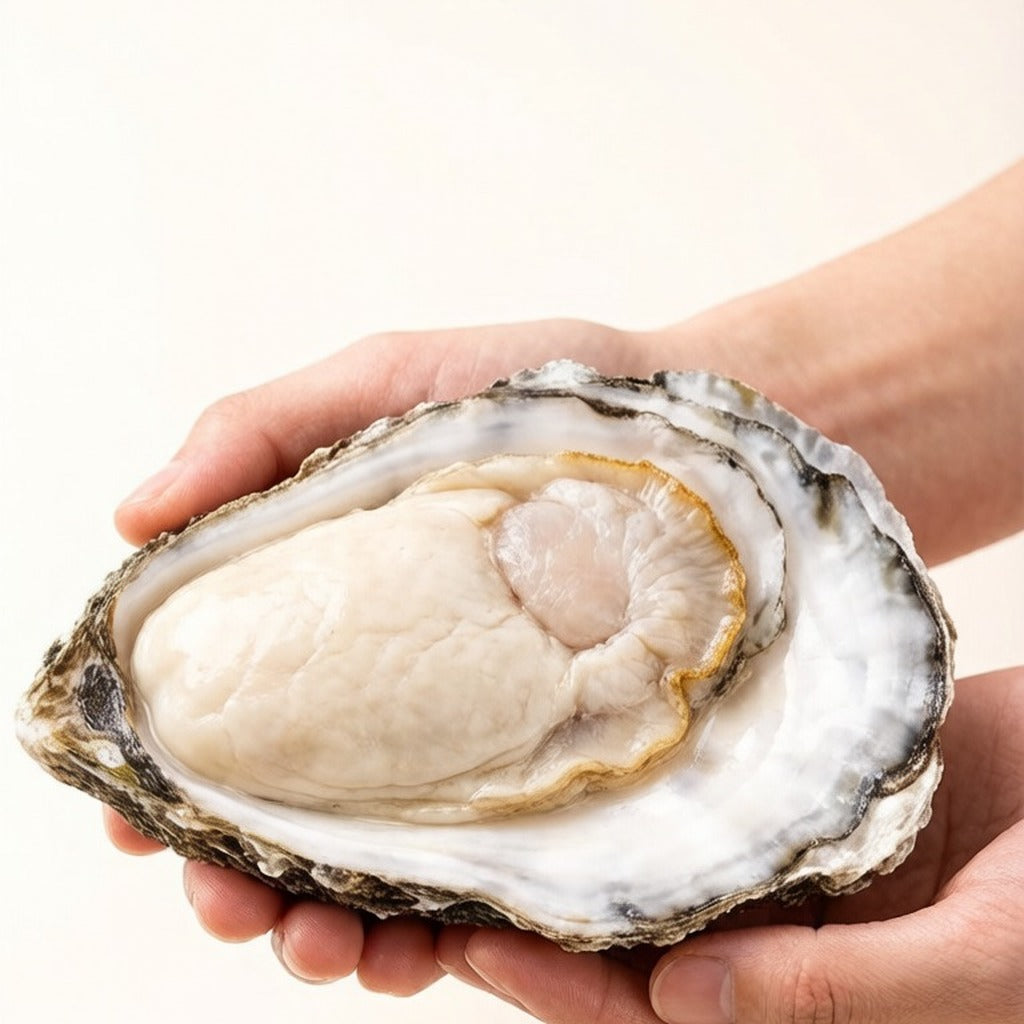 Hand holding a large shucked oyster in its shell