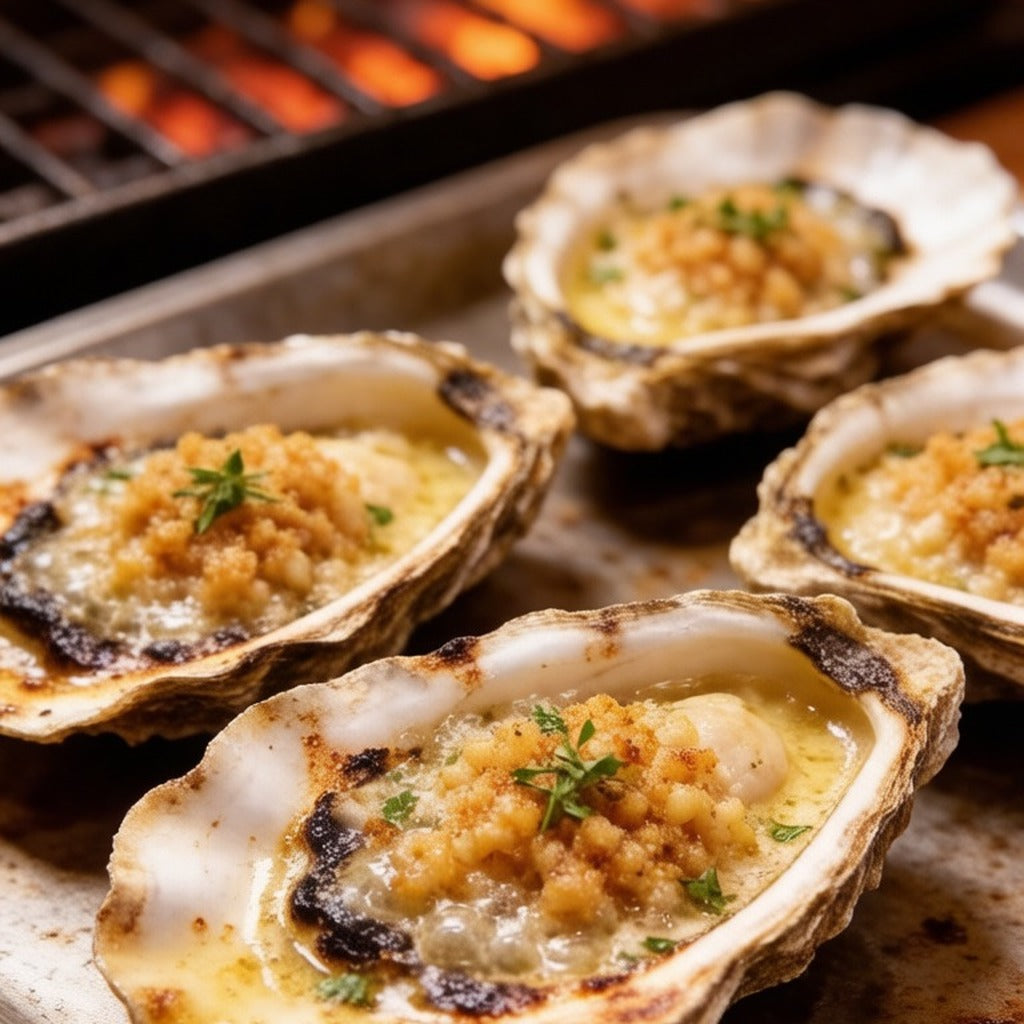 Oysters in the half shell grilling with a garlic crumb topping