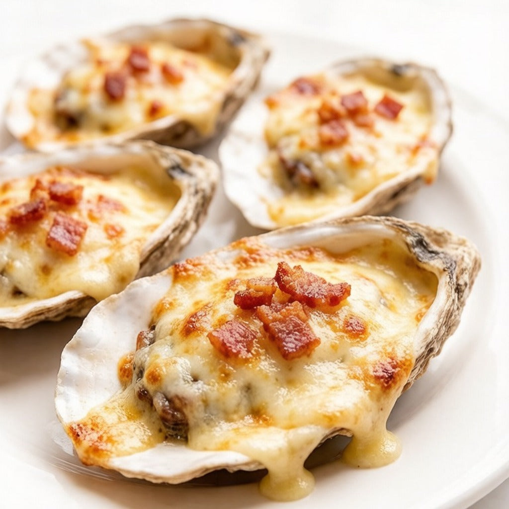 Oysters baked with melted cheese and bacon on a white plate