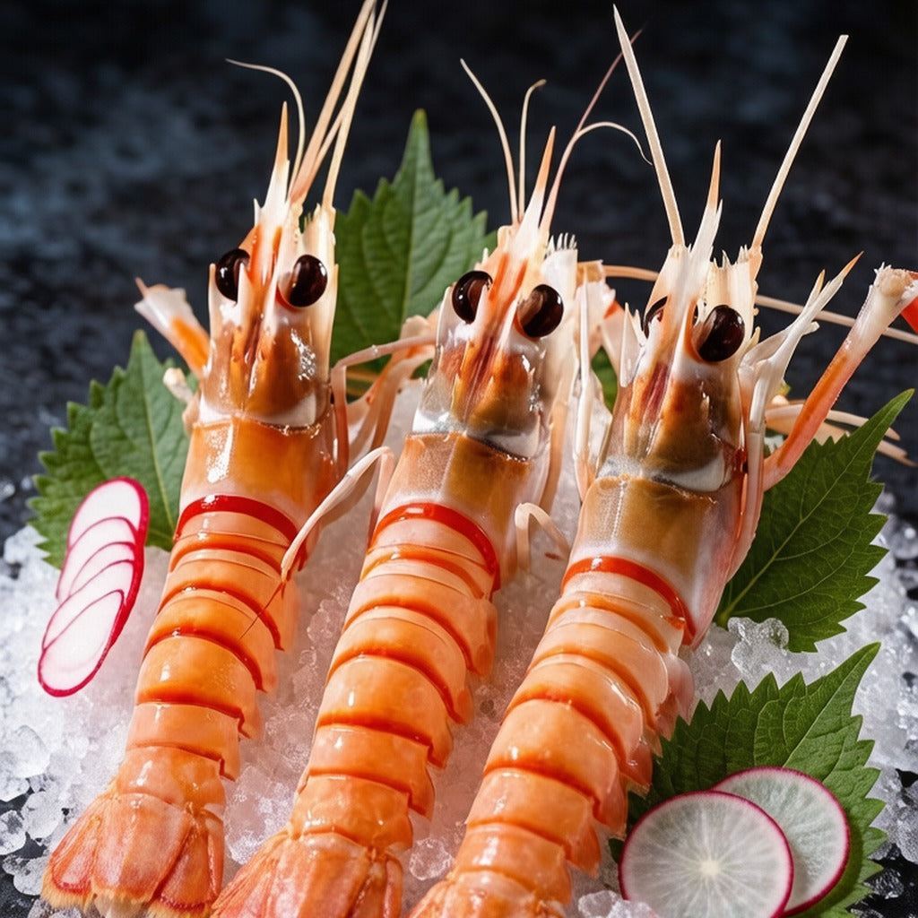 Whole raw langoustines resting on crushed ice with sliced radish and greens