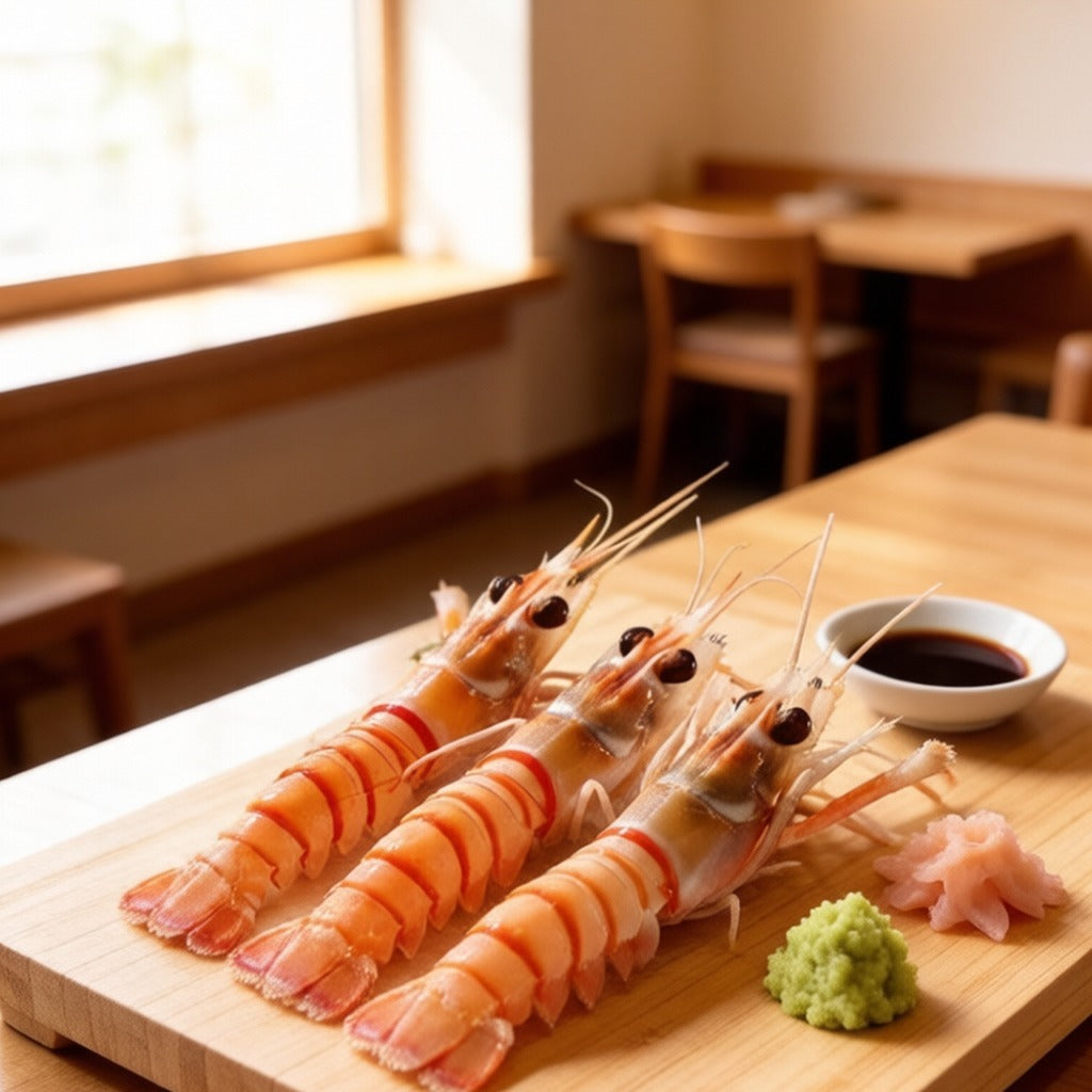 Raw langoustines on a wooden board with soy sauce and wasabi