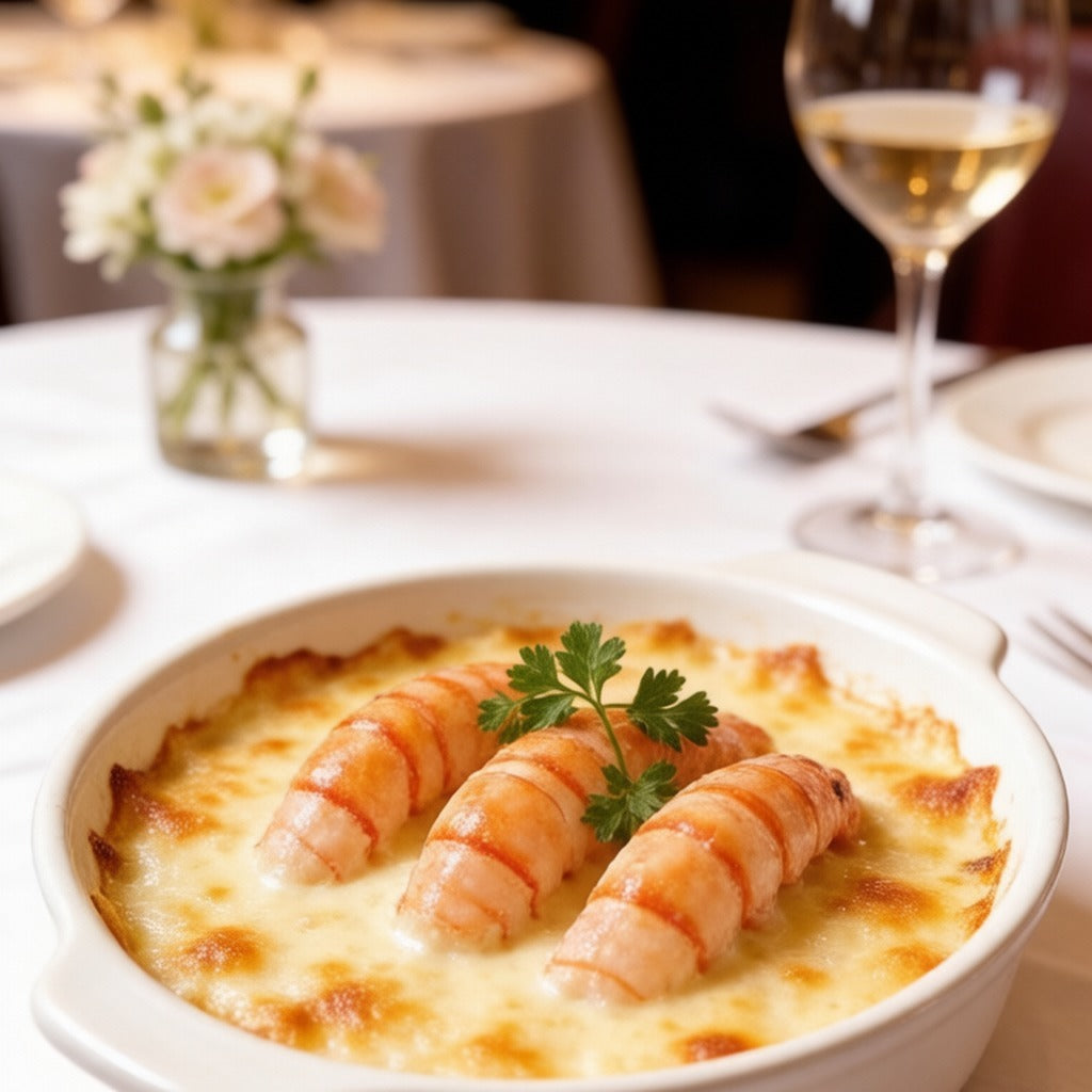 Scampi gratinated in a creamy sauce in a white baking dish
