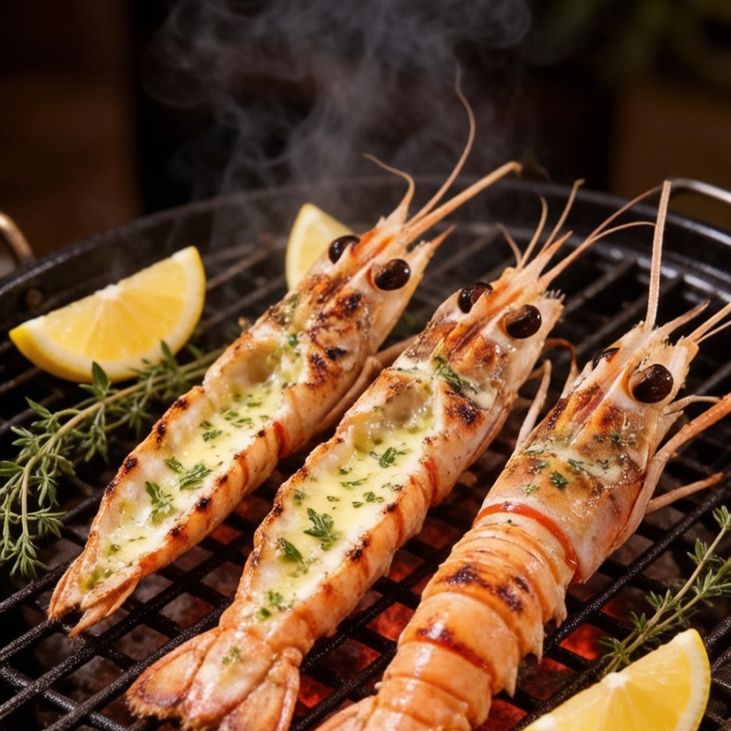 Langoustines grilling over charcoal with a lemon wedge