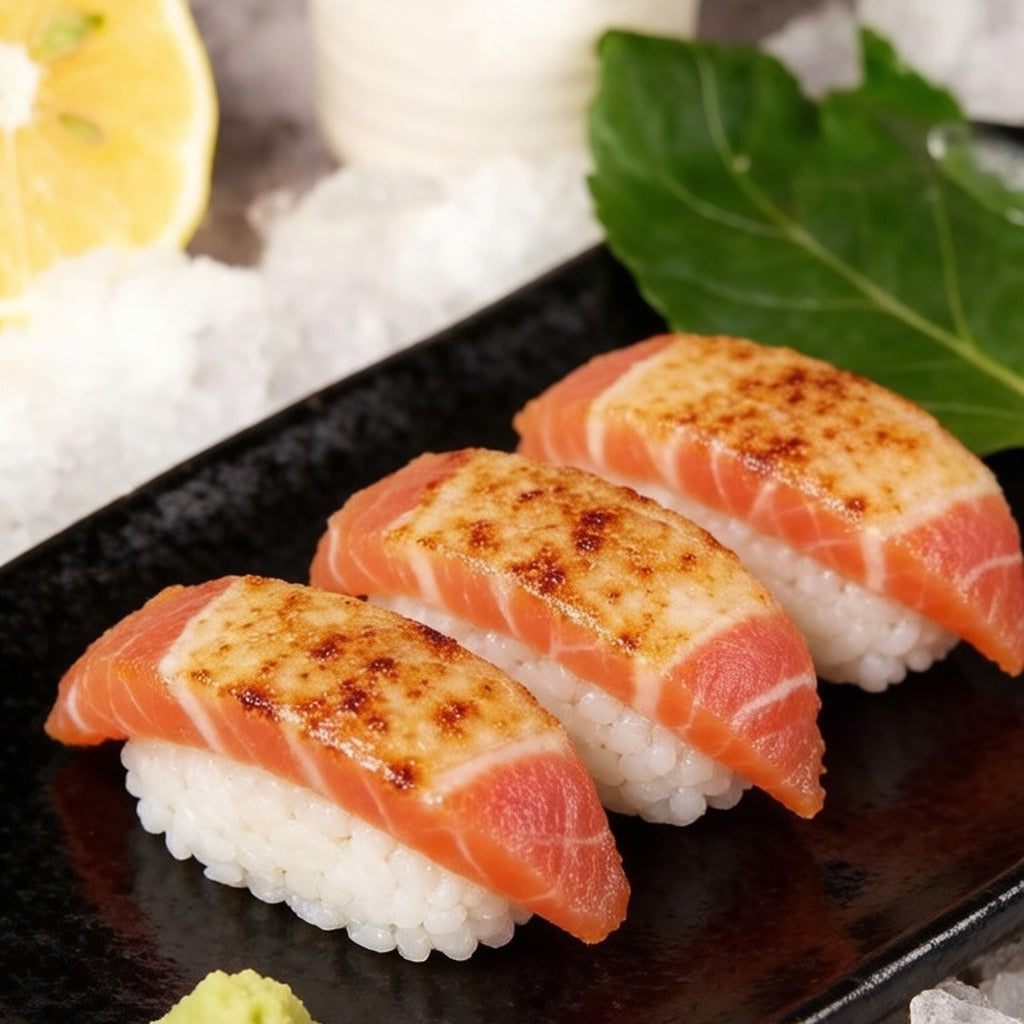Torched tuna nigiri topped with spring onion