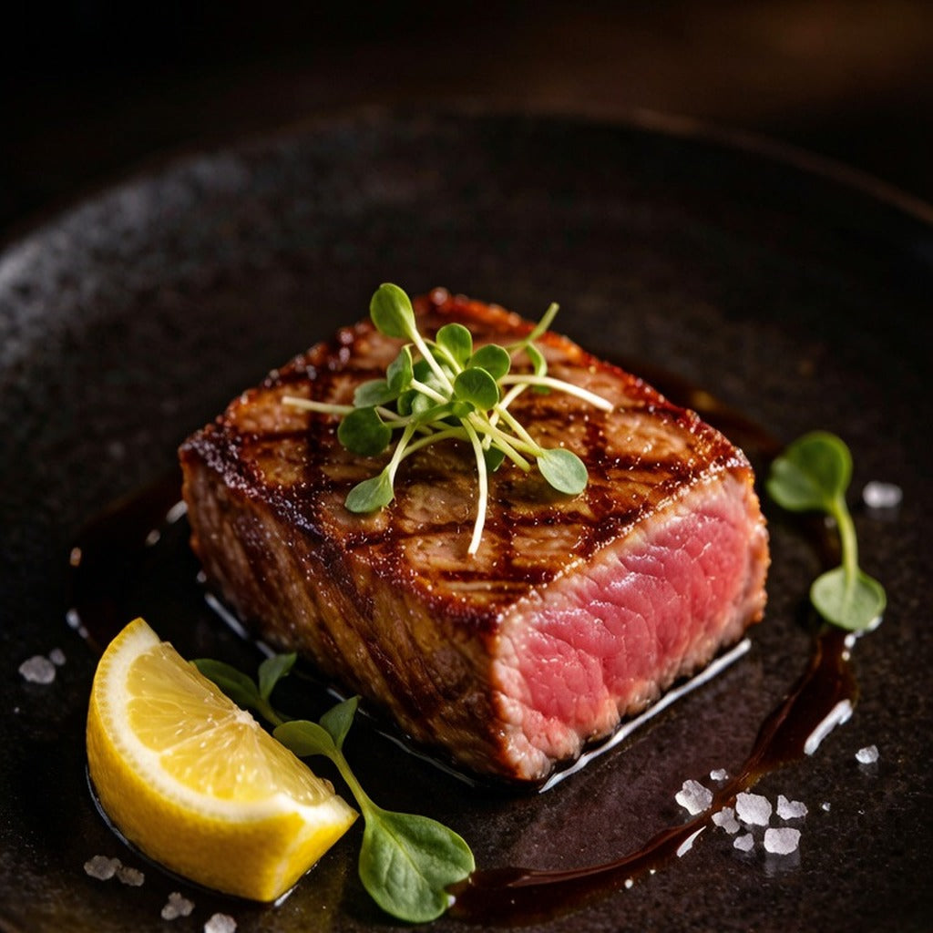 Seared tuna steak on a dark plate with lemon and microgreens