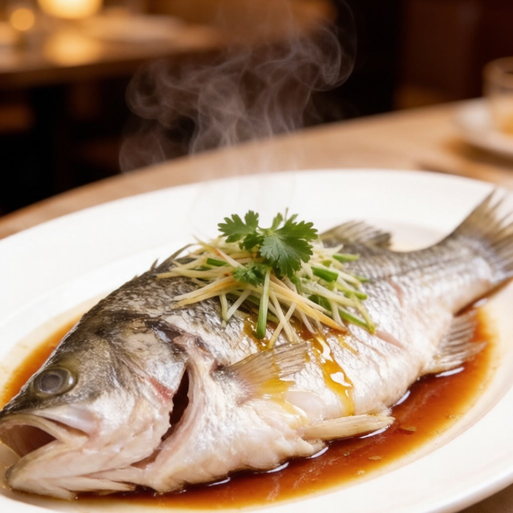 Whole steamed fish dressed with scallion, coriander and soy sauce