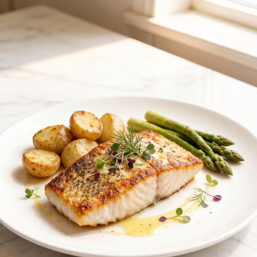 Pan-seared fish fillet plated with asparagus and roasted potatoes
