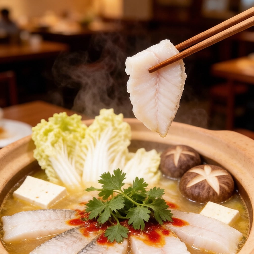 Slices of white fish cooking in a hot pot with napa cabbage and shiitake mushrooms